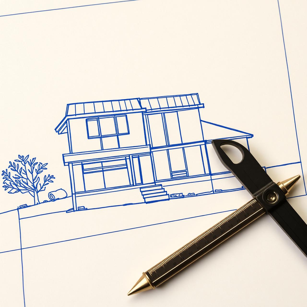 Architectural blueprint with drafting tools