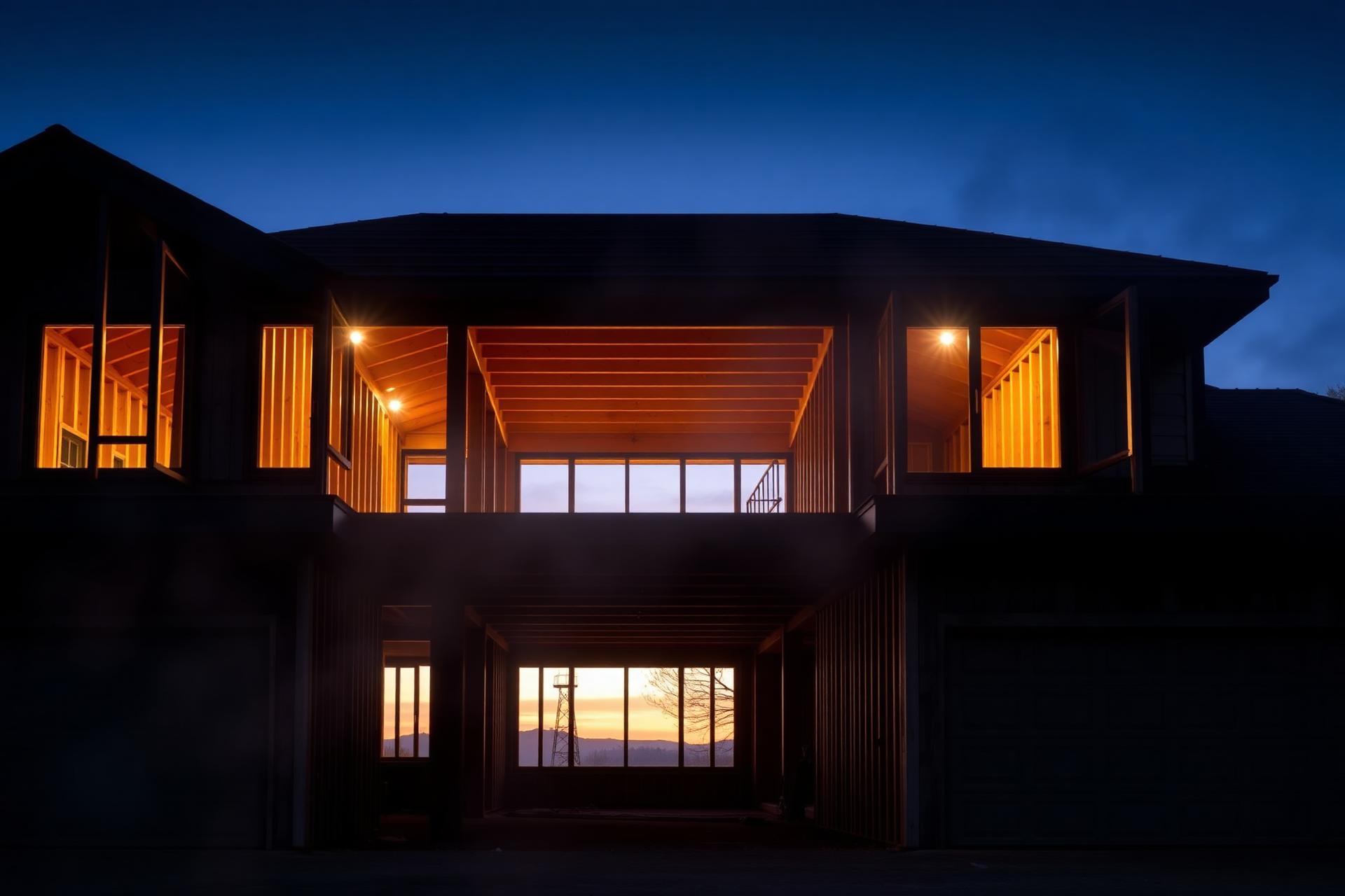 Modern home under construction at dusk with warm interior light